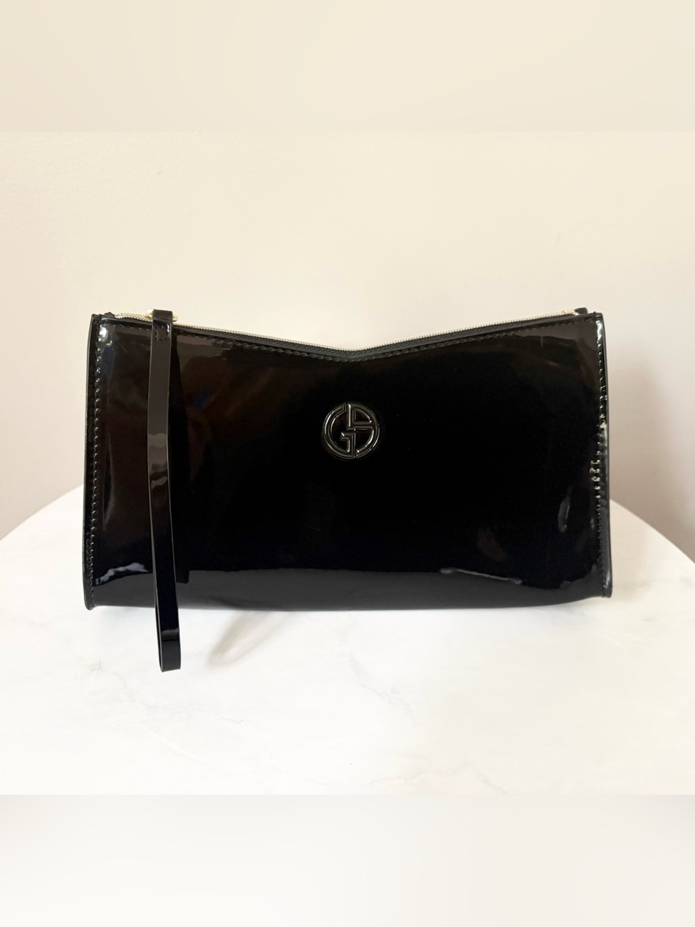 Giorgio Armani Black Patent Wristlet Clutch with Logo Medallion